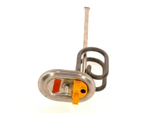 Heizeinsatz von Bosch mit einem metallischen Gehäuse und einem langen, gebogenen Heizdraht. Die Anschlussstelle ist gelb und hat eine Schraube in der Mitte.